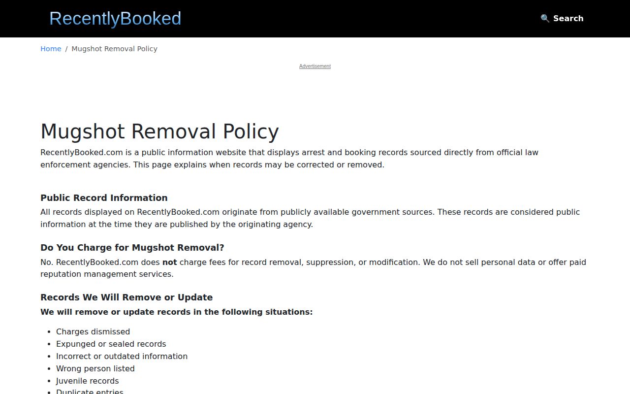 RecentlyBooked mugshot removal policy page