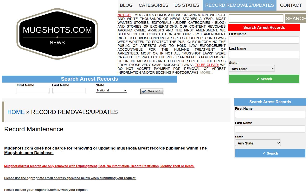 Mugshots.com record maintenance page