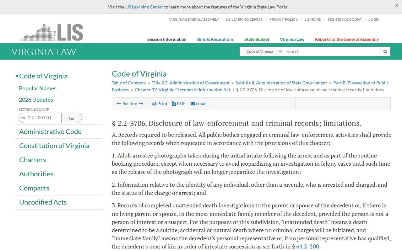 Virginia Code page for adult routine booking-photo disclosure