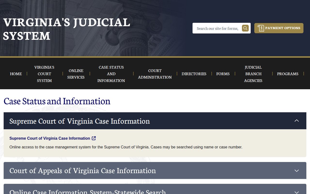 Virginia Case Status and Information search page